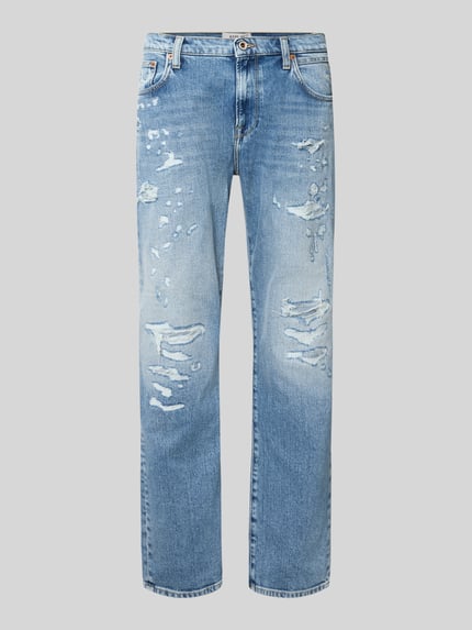 Productfoto, lichtblauwe straight fit heren jeans van Replay, destroyed-look, gemaakt van mix van katoen en elastaan, Model 'AIDEEN', Bandwijdte bij maat 32/32: 44 cm, Binnenbeenlengte bij maat 32/32: 79 cm