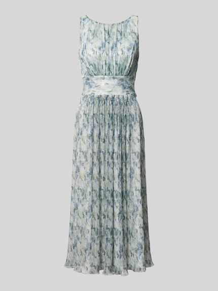 Produktfoto, Cocktailkleid mit U-Boot-Ausschnitt von Swing, Taillierte Passform, Midikleid mit Raffung, Rückenlänge 118 cm, Brustweite 33 cm, Reißverschluss Rückseite, zartes florales Muster in Hellblau und Weiß, strukturierte Oberfläche