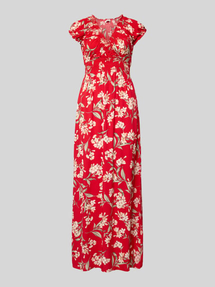 Produktfoto, Maxikleid aus Viskose mit V-Ausschnitt und Smok-Details von Apricot, rood met bloemmotief, getailleerd model, zuiver viscose, V-hals, smokdetail, ruglengte maat S 121 cm, borstwijdte maat S 38 cm