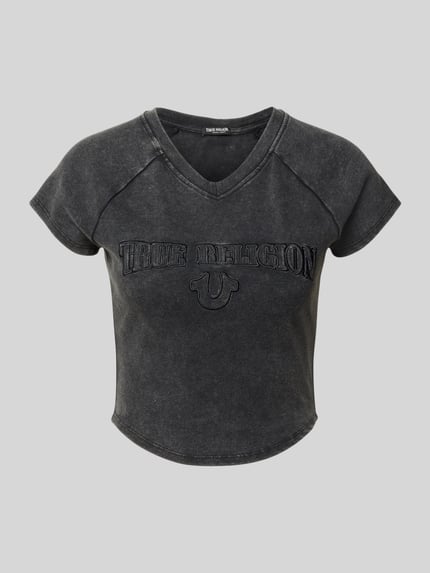 Productfoto, zwart kort slim fit crop top uit mix van modal en katoen, model 'ribbed baby' van TRUE RELIGION, Dames crop top.
