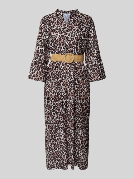 Produktfoto, Midikleid mit Gürtel Modell 'Ol44ivi' von ZABAIONE mit Leopardenmuster, tailliertem Schnitt, Volantsaum und Trompetenärmeln.