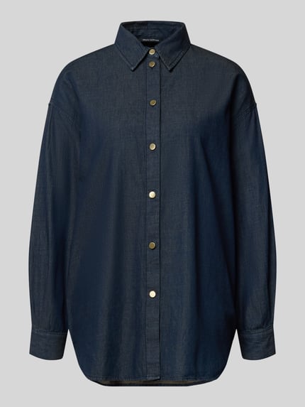 Produktfoto, Relaxed Fit Hemdbluse in Denim-Optik von ARMANI EXCHANGE aus reiner Baumwolle, dunkelblau, mit Hemdblusenkragen und Knopfleiste.