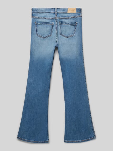 Produktfoto, High Waist Flared Jeans mit Eingrifftaschen von Abercrombie&Fitch, reine Baumwolle, hellblauer Denim, ausgestellter Schnitt, Kinderjeans, strukturierte Oberfläche, Bundweite 34 cm, Innenbeinlänge 64 cm