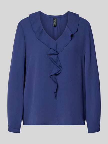 Produktfoto, Relaxed Fit Bluse mit Rüschenbesatz von Marc Cain, ciemnoniebieska, dekolt w serek, z długim rękawem, obszycie falbanami, długość tyłu w rozmiarze 36: 58 cm, długość rękawów w rozmiarze 36: 61 cm
