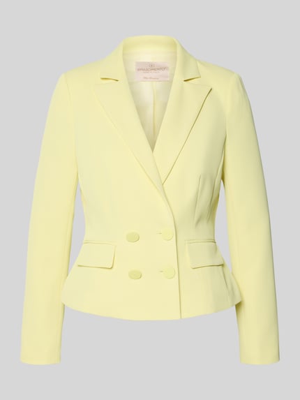 Produktfoto, Blazer mit Reverskragen und doppelreihigem Knopfverschluss von Rinascimento in zartem Gelb, taillierter Schnitt, glatte Textur, Material-Mix mit Stretch-Anteil, Pattentaschen, Rückenlänge bei Größe S 53 cm.