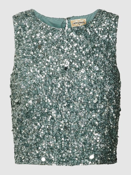 Lace & Beads Korte top met pailletten Petrol - 2