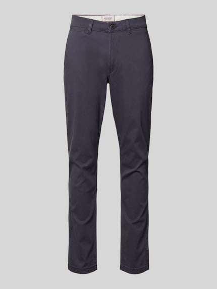 Produktfoto, Slim Fit Hose mit Gesäßtaschen Modell 'MARCO' von Jack & Jones, bawełna z elastanem, krój slim fit, Szerokość w rozmiarze 32/32: 42 cm, długość nogawki od wewnątrz: 78 cm, granatowa, gładka tekstura
