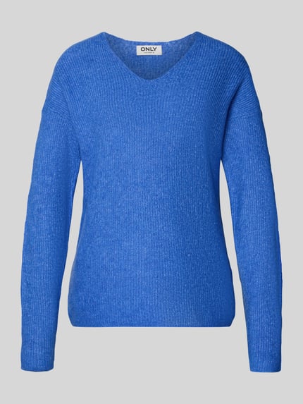 ONLY Sweter z dzianiny o kroju regular fit z dekoltem w serek model ‘CAMILLA’ Niebieski melanż 2