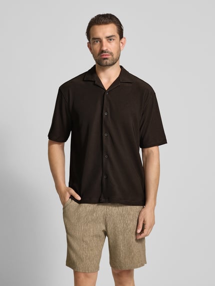 Jake*s Studio Men Relaxed fit overhemd met korte mouwen in riblook Donkerbruin - 4