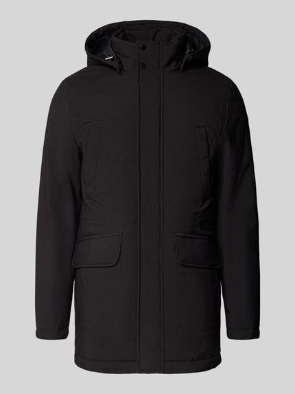 Produktfoto, Regular Fit Parka mit abnehmbarer Kapuze von Geox in Schwarz, mit Tunnelzug und Pattentaschen, glatte Textur, Herrenmode.