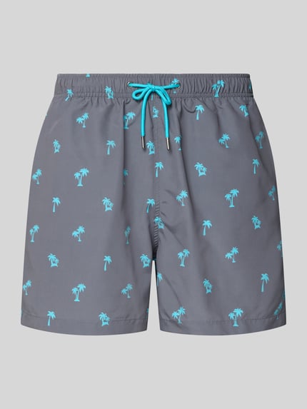 Produktfoto, Badehose mit elastischem Bund von MCNEAL in Grau mit türkisen Palmen, Regular-Fit, Tunnelzug, Eingriff- und Gesäßtaschen