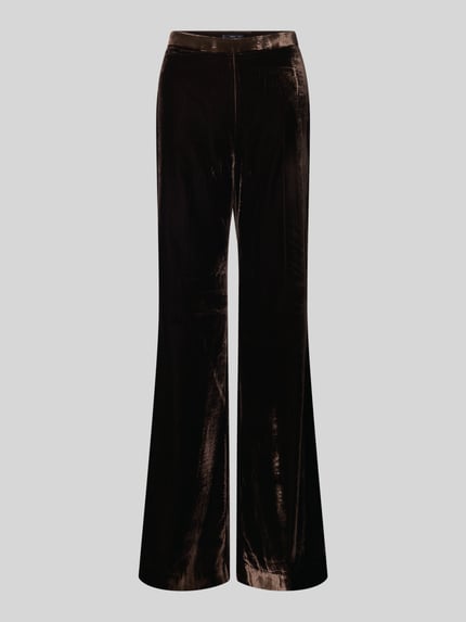 Produktfoto, Hose aus Viskose-Mix Modell 'PEPPER' von Mango in Braun, samtige Textur, weites Bein, seitlicher Reißverschluss, Damen
