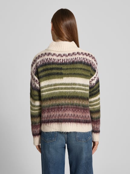 MORE & MORE Strickpullover mit Streifenmuster und Stehkragen Oliv 5