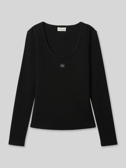 Productfoto, zwart dames shirt met ronde hals en lange mouwen, zacht oppervlak, klein CK-logo op borst, Calvin Klein.