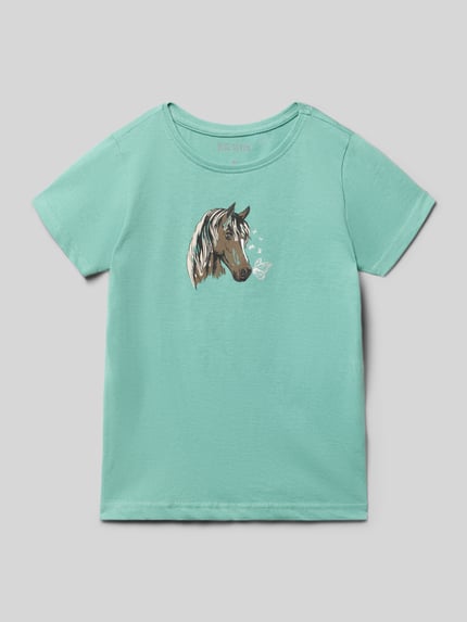 Produktfoto, T-Shirt mit Motiv-Print und Rundhalsausschnitt von Blue Seven, Kinder T-Shirt aus Reine Baumwolle, Regular-Fit, Rückenlänge 41 cm bei Größe 116, helles Türkis, glatte Textur, Pferde-Motiv vorn