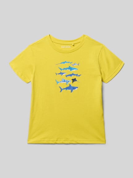 Produktfoto, Kinder T-Shirt mit Motiv-Print und Rundhalsausschnitt von Blue Seven in Gelb, Reine Baumwolle, Regular-Fit, Rückenlänge 42 cm bei Größe 116