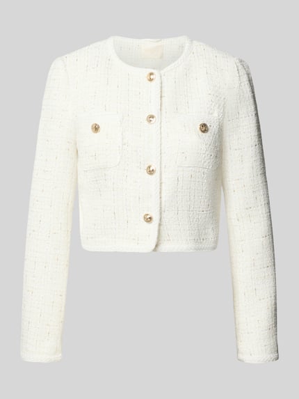 Produktfoto, Slim Fit Blazer in Bouclé-Optik mit Viskose-Anteil Model 'JOLE' van GUESS, Materiaalmix met viscose, doorlopende knoopsluiting, borstzakken, ruglengte maat S 44 cm, borstwijdte maat S 45 cm, mouwlengte maat S 62 cm