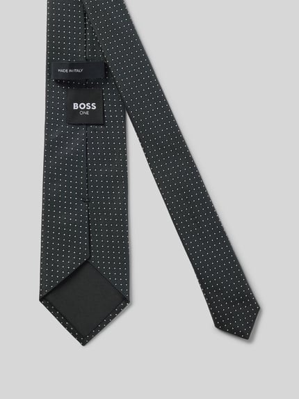 Produktfoto, Krawatte aus reiner Seide mit Allover-Muster Modell 'ONE' von BOSS in Schwarz mit feinem weißen Punktemuster, glatte Textur