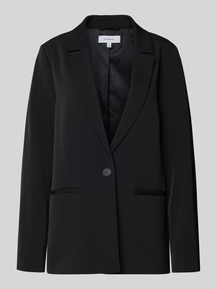 Produktfoto, schwarzer Relaxed Fit Blazer mit Reverskragen von comma, elastischer Material-Mix, Knopfverschluss, Paspeltaschen, glatte Textur