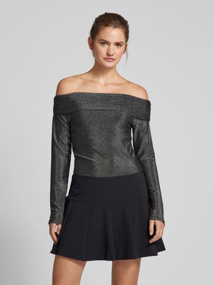 PIECES Slim Fit Langarmshirt mit Glitzer-Effekt und Off-Shoulder-Arm Modell 'SANDRA' Anthrazit 4
