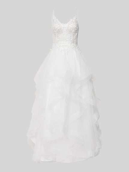 Produktfoto, Brautkleid mit Details mit voluminösen Rockvolants von LUXUAR FASHION w białym kolorze, z taliowanym krojem, efektem stopniowania, detalami z koronki, wszytym zamkiem błyskawicznym, dekoltem w serek, z obszernymi falbanami, materiał wytrzymały, długość tyłu w rozmiarze 36: 126 cm, szerokość klatki piersiowej w rozmiarze 36: 40 cm