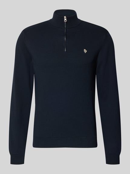 Produktfoto, Troyer mit Logo-Stitching und kurzem Reißverschluss von REVIEW, bawełniana mieszanka, krój modern fit, troyerowy kołnierz, żebrowane wykończenia, długość tyłu w rozmiarze M: 65 cm, długość rękawa w rozmiarze M: 66 cm, kolor ciemnogranatowy, gładka tekstura