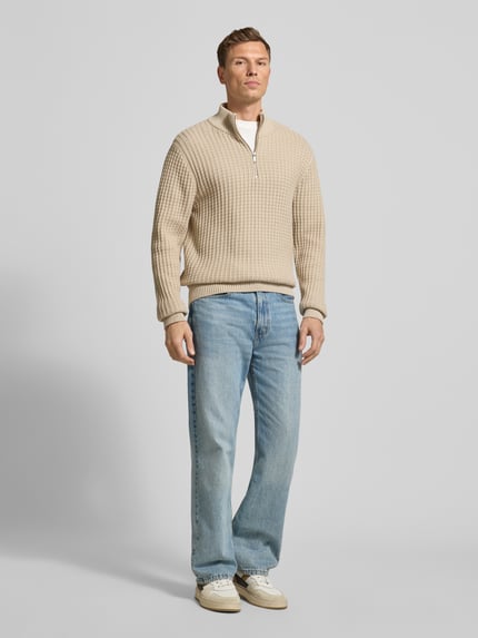 Selected Bluza o kroju regular fit z kołnierzem i fakturą wafla model ‘TOM’ Piaskowy 1