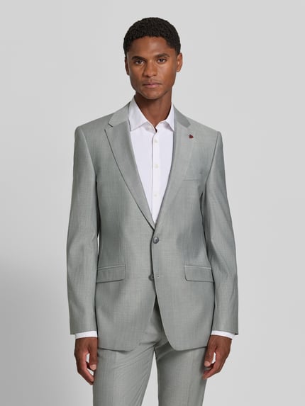 Mannelijk model draagt Slim Fit pak uit scheerwolmix met viscose van ROY ROBSON in lichtgrijs, reverskraag, borst- en klepzakken, 2-knoopsluiting, broek met haak- en ritssluiting, persplooien, steek- en achterzakken, bandwijdte maat 50 45 cm, ruglengte 73 cm, schouderbreedte 40 cm, mouwlengte 63 cm, binnenbeenlengte 85 cm, Slim Fit Anzug aus Schurwoll-Mix mit Viskose-Anteil, volledige vooraanzicht.
