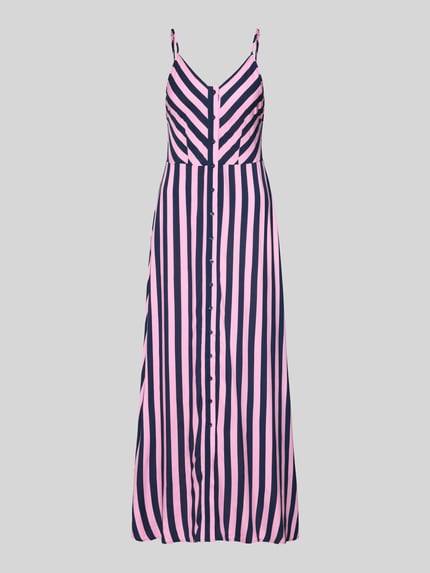 Produktfoto, maxi-jurk van zuiver viscose model 'SAVANNA' van YAS, recht model, all-over look, V-hals, knoopsluiting, spaghettibandjes, roze-blauw gestreept