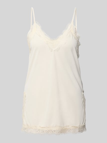 Produktfoto, Blusentop mit Spitzebesatz und Spaghettiträgern van Gina Tricot in crème, regular fit, met kant, v-hals, ruglengte maat S 73 cm