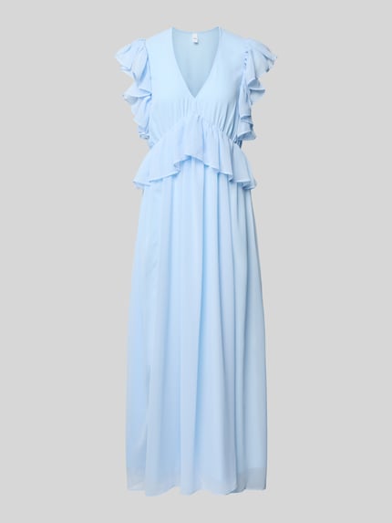 Produktfoto, Cocktailkleid mit Volants Modell 'MUSSI' von YAS in Hellblau, fließender Stoff, Gerader-Schnitt, Midikleid, V-Ausschnitt