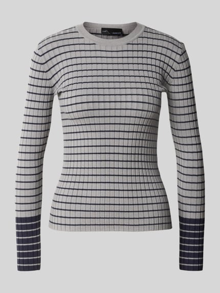 Produktfoto, Skinny Fit Pullover aus Viskose-Mix von Emporio Armani in Grau mit gerippter Optik, Rundhalsausschnitt und Streifenmuster