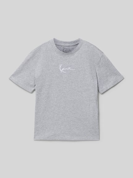 Produktfoto, T-Shirt mit Rundhalsausschnitt und Logo-Stitching von KARL KANI aus reiner gewachster Baumwolle in Grau, gerader Schnitt, glatte Textur.