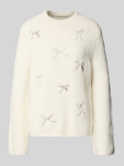 Produktfoto, Regular Fit Strickpullover mit Woll-Anteil van s.Oliver BLACK LABEL, unikleurig, grofgebreid, met strikborduursels, lange mouwen, opstaande kraag.
