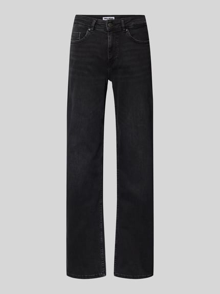 Produktfoto, Straight Fit Jeans im 5-Pocket-Design von Review aus schwarzem elastischem Baumwoll-Mix, Knopf- und Reißverschluss, glatte Textur