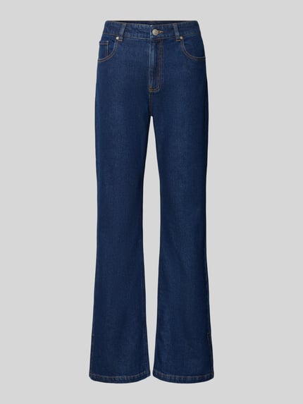Produktfoto, Straight Fit Jeans mit Gehschlitzen von MYON in dunklem Blau, 5-Pocket-Design, sichtbarer Knopf- und Reißverschluss, strukturierte Denim-Textur, gerades Bein, Kontext: Damen Jeans, Bundweite 40 cm, Innenbeinlänge 82 cm.