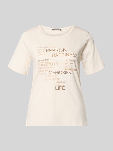 Productfoto, T-shirt met strass-steentjes van monari, puur katoen, recht model, ronde hals, statementprint, labeldetail, ruglengte maat 36 59 cm, crèmekleurig met gouden en glinsterende accenten