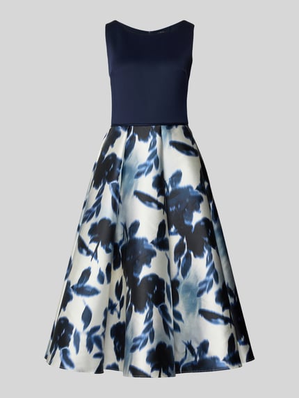 Productfoto, Cocktailkleid mit Rundhalsausschnitt van Swing, satijnen A-lijn midijurk in blauw-wit met bloemenprint, rugrits, maat 36 ruglengte 113 cm, borstwijdte 34 cm.
