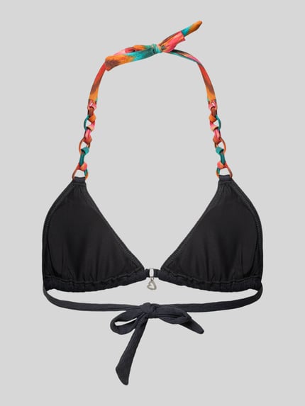 Produktfoto, Bikini-Oberteil mit Schnürung Modell 'YERO CHAINY' von Banana Moon, Schwarz mit bunten Details, Material-Mix mit Stretch-Anteil, Körpernahe Passform, Rückseitige Schnürung