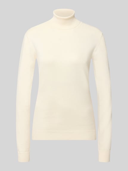 Produktfoto, Slim Fit Strickpullover aus Viskose-Mix Modell 'IHLULS' von ICHI in Creme, krój slim fit, długi rękaw, stójka, elastyczne wykończenia, długość tyłu w rozmiarze S: 61 cm, długość rękawa: 66 cm