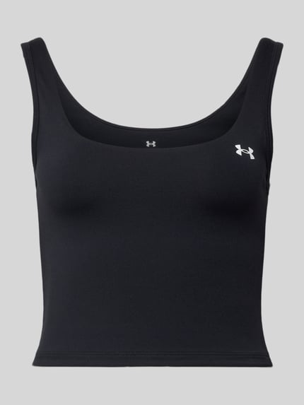 Productfoto, zwart 'Crop Top mit Label-Print' van Under Armour, nauwsluitend met U-hals en logoprint, stretchmateriaal