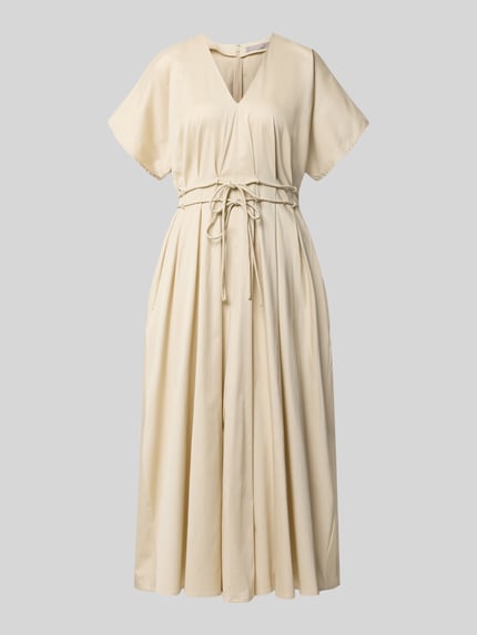 Produktfoto, Cocktailkleid mit V-Ausschnitt und Schnürung von Christian Berg Cocktail in Beige, A-Linie, Midikleid, Baumwoll-Elasthan-Mix
