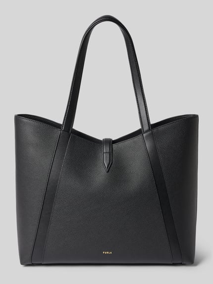 Productfoto, Handtasche aus echt leer met logodetail Model 'Goccia' van FURLA, open hoofdvak, smalle schouderband, zwart, gestructureerd oppervlak, Breedte maat 1: 43 cm, Lengte maat 1: 31 cm, Diepte maat 1: 13 cm, bandlengte maat 1: 51 cm