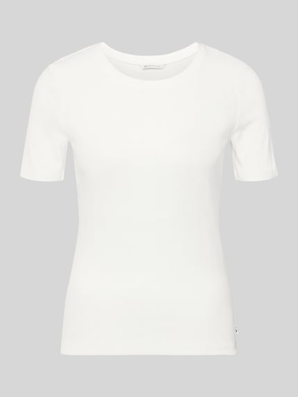 Produktfoto, Slim Fit T-Shirt aus Baumwoll-Mix von Tom Tailor Denim, efekt: jednolity kolor, fakturowany wzór, okrągły dekolt, krótki rękaw, dżersej, mieszanka bawełny