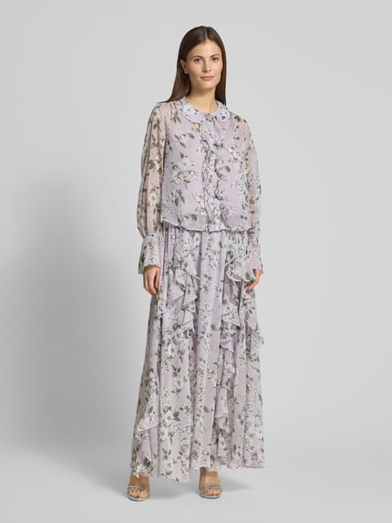 Vrouwenmodel draagt Regular Fit Maxirock met ruches Modell 'Kate' van GUIDO MARIA KRETSCHMER WOMAN met florale alloverprint, volledige vooraanzicht.