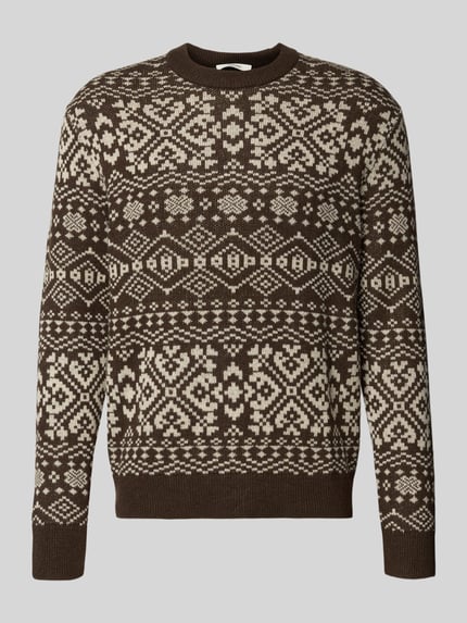 Produktfoto, Regular Fit Strickpullover aus Woll-Mix Modell 'HOLGER' von SELECTED HOMME in Braun mit Jacquardmuster, Rundhals, Langarm, gestrickte Textur