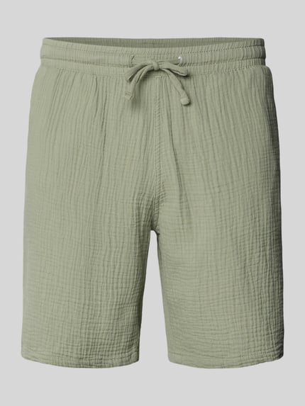 Productfoto, groene short van katoenmix met structuurpatroon, elastische band met trekkoord, steekzakken, straight fit, model 'AIDEN' van Jack & Jones, bandwijdte maat M 40 cm, binnenbeenlengte 21 cm