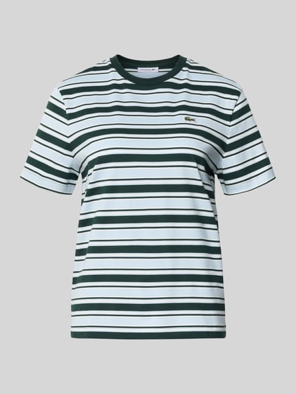 Produktfoto, Regular Fit T-Shirt aus reiner Baumwolle von Lacoste, weiß mit grünen und schwarzen Streifen, glatte Textur
