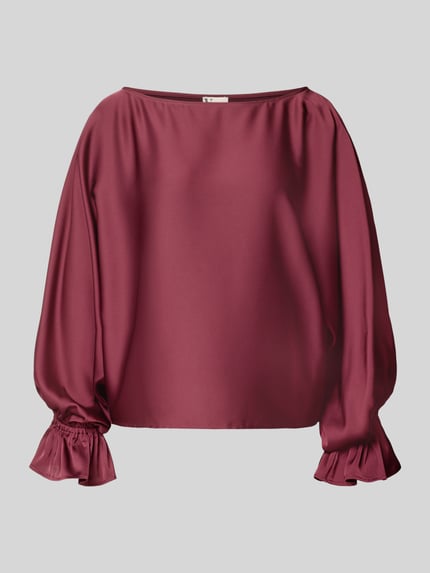 Produktfoto, Blusenshirt aus Satin mit Rundhalsausschnitt von V by Vera Mont w kolorze bordowym, krój regular fit, długie rękawy z falbankami, miękka i połyskująca tekstura, długość tyłu w rozmiarze 36: 58 cm, długość rękawa w rozmiarze 36: 63 cm
