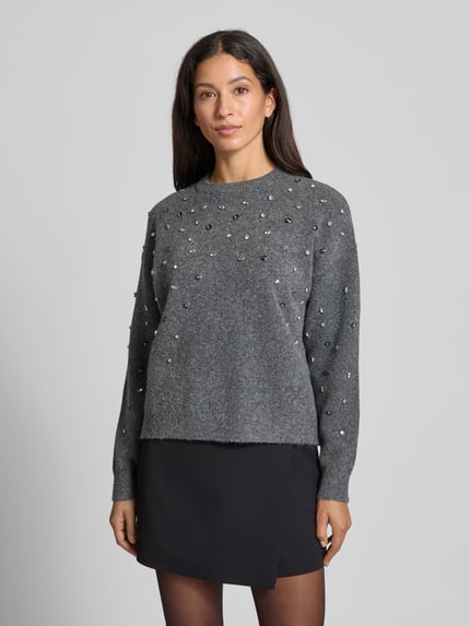 Jake*s Collection Strickpullover mit Woll-Anteil und Ziersteinbesatz Dunkelgrau Melange 4